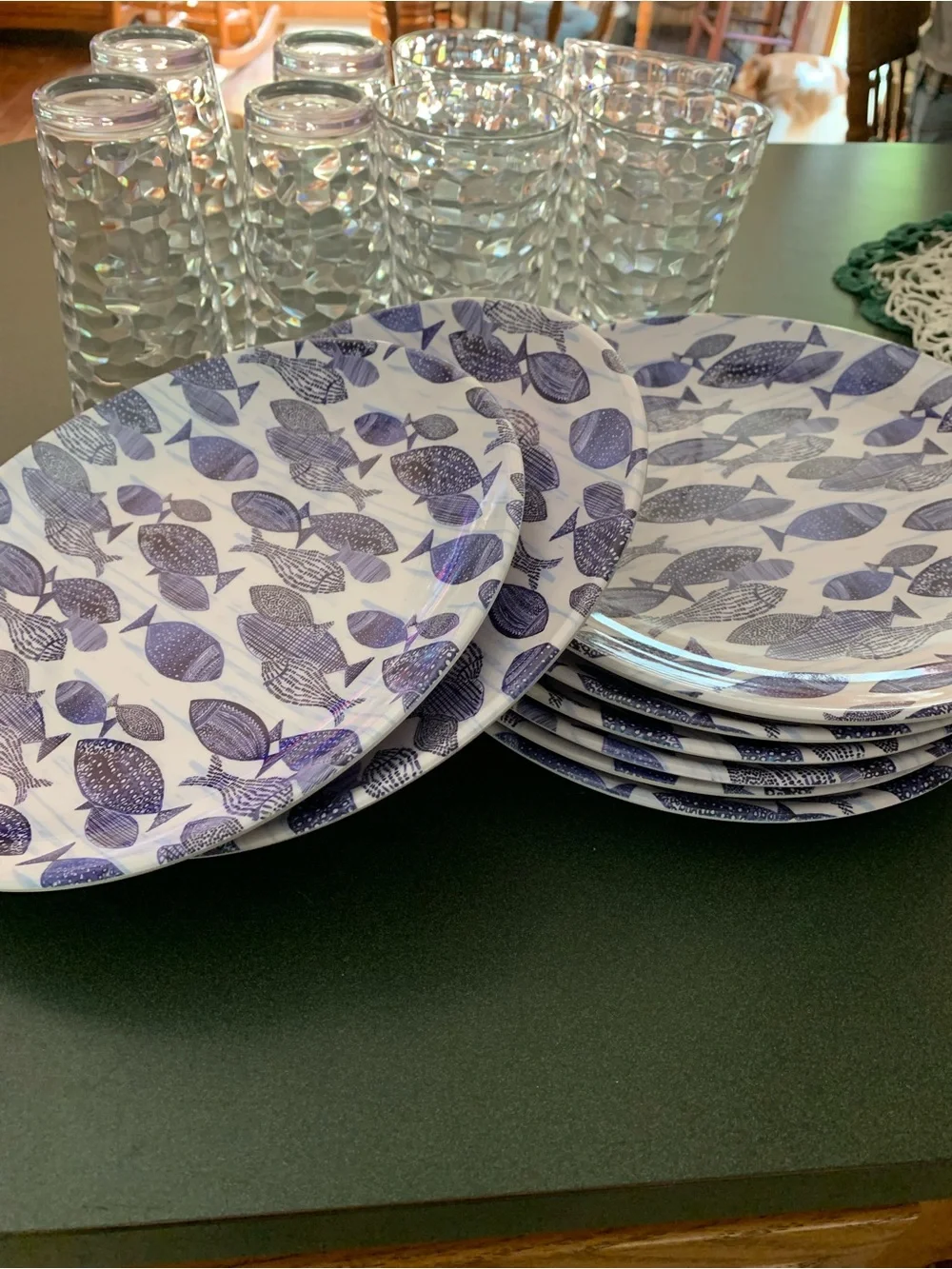 Blue Fish Pattern Melamine Dinner Plates - Set of 8